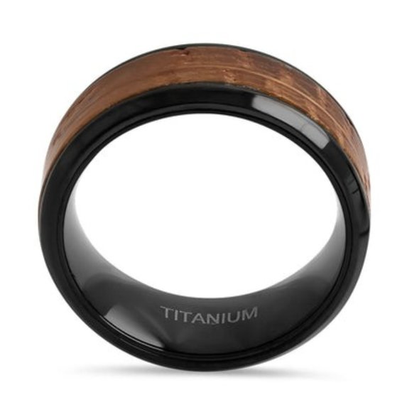 Titanium Black and Whisky Barrel Wood 8mm Band Ring - Picture 2 of 4